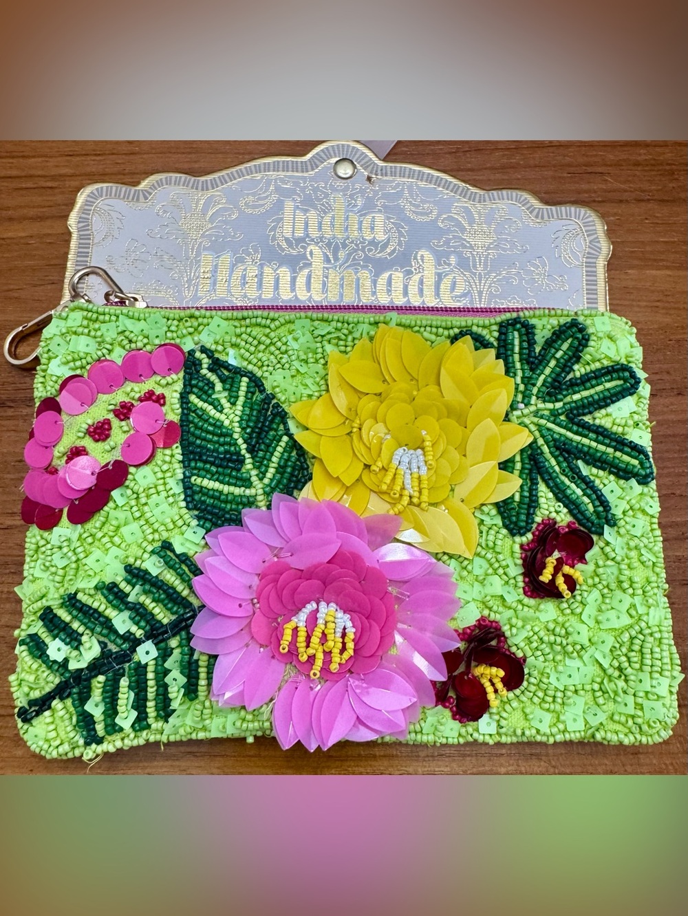 Lime Green Beaded Floral Clutch with Pink & Yellow 3D Flowers